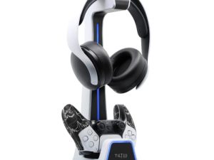 Tilted Nation RGB Headset and Controller Stand with Charging - For Playstation or PC - PS4 / PS5 Controller Holder with Charger - Headphone and Game Controller Holder for Desk - Off White to Match PS5
