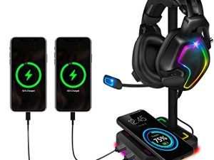 Headphone Stand with Wireless Charger TEEDOR RGB Gaming Headset Holder Hanger Rack with 10W/7.5W QI Charging Pad & 2 USB Charger Ports for Desktop PC Game Earphone Accessories