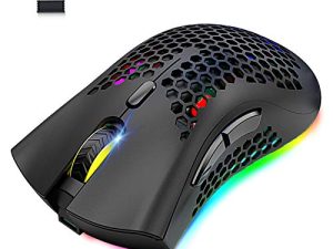 Wireless Lightweight Gaming Mouse Honeycomb with 7 Button Multi RGB Backlit Perforated Ergonomic Shell Optical Sensor Adjustable DPI Rechargeable 800 mAh Battery USB Receiver for PC Mac Gamer(Black)