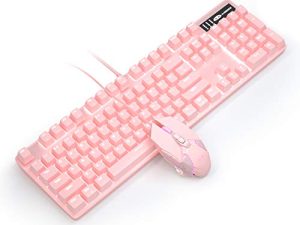 Pink Mechanical Gaming Keyboard and Mouse Combo Blue Switch 104 Keys White Backlit Keyboards