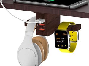 Walnut Wood Headphone Stand with USB Charger COZOO Under Desk Headset Holder Mount with 3 Port USB Charging Station and iWatch Stand Smart Watch Charging Dock Dual Earphone Hanger Hook