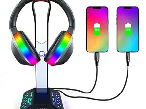 BABITOO RGB Headphone Stand Gaming Headset Holder - Headphone Holder with 2 USB Chargers and 7 Light Modes for Gamers Gaming PC Accessories