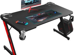 Homall Gaming Desk 44 Inch Computer Desk Gaming Table Z Shaped Pc Gaming Workstation Home Office Desk with Carbon Fiber Surface Cup Holder and Headphone Hook (44 inch