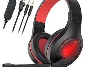 Gaming Headset Noise Cancelling Headphones with Microphone Kids and Adults 50mm Neodymium Drivers & 3.5mm Audio Jack Wired Over Ear Stereo Earphones for Online School/PC Game/Travel/Work Red