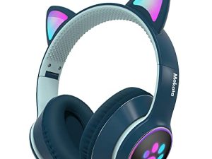 Mokata Gaming Bluetooth 5.0 Wireless Headphones Over Ear Cat LED Light Foldable Music Headset with AUX 3.5mm Microphone (Built-in) for Adult & Kids PC TV Game Music Pad Laptop Cellphone Navy Blue