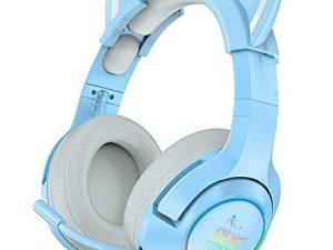 SIMGAL Blue Gaming Headset with Removable Cat Ears