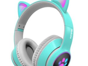Mokata Gaming Headphone Wired AUX 3.5mm Over Ear Cat LED Light Fit Adult & Kids Foldable Stereo Headset Earmuffs with Microphone for PC PS4 PS5 Game Cellphone Laptop Pad H02 Cyan