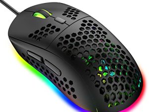 Lightweight Gaming Mouse with Ergonomic Honeycomb Shell 6 RGB Backlight Mode 7 Button Programmable Driver Adjustable 6400 DPI Optical Sensor Wired Ultraweave USB Cable for PC MAC Computer Gamer(Black)