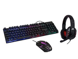 RGB PC Gaming Accessories Combo Kit - USB Spill Proof Keyboard – Wired Gaming Mouse 3 Button Optical Mouse - Stereo Gaming Headset Dual 3.5mm Jack SY-KIT53005