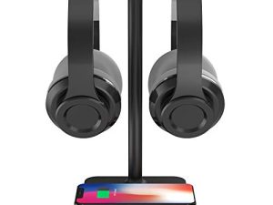 KAFRI RGB Dual Headphone Stand with Wireless Charger Desk Gaming Double Headset Holder Hanger Rack with 10W/7.5W QI Charging Pad - Suitable for Gamer Desktop Table Game Earphone
