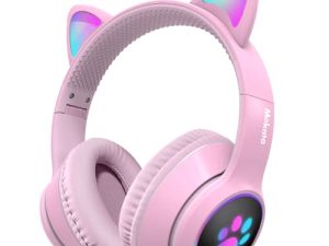 Mokata Gaming Headphone Wired AUX 3.5mm Over Ear Cat LED Light Fit Adult & Kids Foldable Stereo Headset Earmuffs with Microphone for PC PS4 PS5 Game Cellphone Laptop Pad H02 Pink