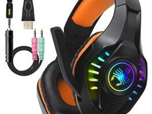 Pro Gaming Headset for PC PS4 Xbox One Bass Surround Sound Over-Ear Headphones with Mic/LED Light/Soft Memory Earmuffs for Computer Laptop Switch Games Kids Boys Teens Gifts