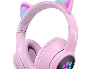 Mokata Gaming Bluetooth 5.0 Wireless Headphones Over Ear Cat LED Light Foldable Music Headset with AUX 3.5mm Microphone (Built-in) for Adult & Kids PC TV Game Music Pad Laptop Cellphone Pink