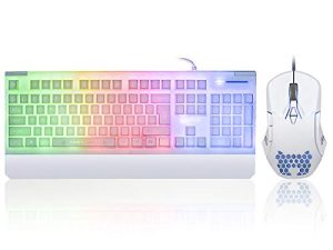 White Gaming Keyboard and Mouse Combo Colorful Lights Rainbow LED Backlit Keyboard with Ergonomic Detachable Wrist Rest