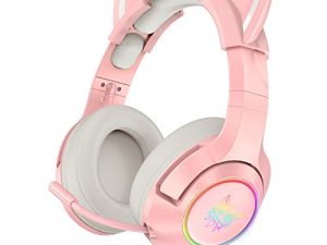 SIMGAL Pink Gaming Headset with Removable Cat Ears