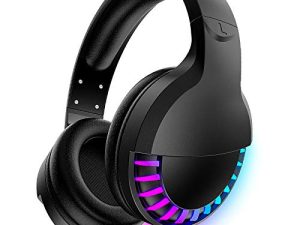 Wireless Bluetooth Headphone with Noise Cancellation HiFi Stereo Sound Mic Deep Bass Protein Earpad Rainbow RGB Backlight Rechageable Over Ear Headset for PC Mac Game Travel Class Home Office(Black)