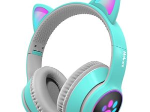 Mokata Gaming Bluetooth 5.0 Wireless Headphones Over Ear Cat LED Light Foldable Music Headset with AUX 3.5mm Microphone for Adult & Kids PC TV Game Music Pad Laptop Cellphone B12 Cyan
