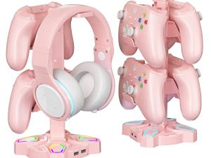 KDD RGB Headphone Stand with 9 Light Modes - Rotatable Pink Game Headset Holder with 3.5mm AUX & 2 USB Port - Suitable for PC Desk Accessories Gamers Gift(Pink)