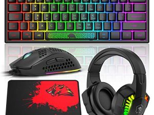 60% Gaming Keyboard Honeycomb Mouse and RGB Headset Combo with Rainbow Backlight Ergonomic 62Key Mechanical Feeling Adjustable 6400DPI Mice Stereo Sound Headphone for PS4 Xbox One PC Mac Gamer