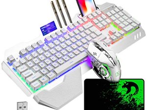Wireless Gaming Keyboard and Mouse with Removable Palm Rest Rainbow LED 16RGB Backlit Rechargeable 4800mAh Battery Metal Panel Mechanical Ergonomic Waterproof Dustproof for Laptop PC Gamer(White RGB)
