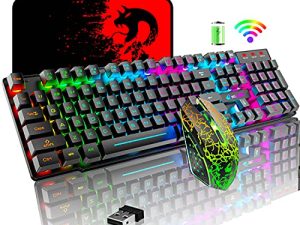 Wireless Gaming Keyboard and Mouse Combo with Rainbow LED Backlit Rechargeable 3800mAh Battery Mechanical Feel