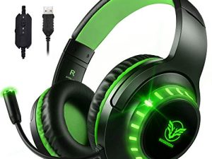 Pacrate 7.1 USB Stereo Gaming Headset with Microphone Noise Cancelling Surround Sound USB Headphones with LED Lights for PC Laptop Mac Wired Over-ear Headset for Adults(Black Green)