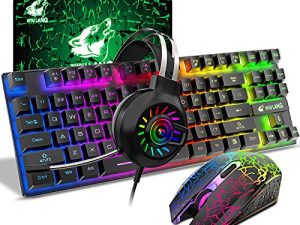 Wireless Gaming Keyboard Mouse and Wired Headphone with Ergonomic 87 Key Rainbow Backlight Rechargeable 3800mAh Battery Mechanical Feel Anti-ghosting Mouse pad for PC Laptop Gamer Typist(Black RGB)