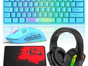 60% Gaming Keyboard Honeycomb Mouse and RGB Headset Combo with Rainbow Backlight Ergonomic 62Key Mechanical Feeling Adjustable 6400DPI Mice Stereo Sound Headphone for PS4 Xbox One PC Mac Gamer