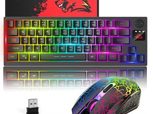 ZIYOU LANG T50 Wireless Gaming Keyboard and Mouse Combo Mini Portable with Cool RGB Backlit Ergonomic 64Key TKL Mechanical Rechargeable 4000mAh Battery Anti-ghosting Media Knob for PC Mac Gamer(Black)
