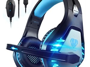 Pacrate Gaming Headset with Microphone for PC PS4 PS5 Headset Noise Cancelling Gaming Headphones for Laptop Mac Switch Xbox One Headset with LED Lights Deep Bass for Kids Adults Black Blue