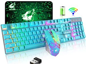 Wieless Gaming Keyboard and Mouse Combo Rainbow Backlight Quiet Ergonomic Mechanical Feeling Anti-ghosting Keyboard Mouse with Rechargeable 4000mAh Battery Mouse Pad for Computer Mac Gamer
