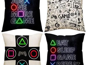 Just One More Game Square Throw Pillow Case Computer Games Doodles Cushion Cover for Game Boys Bedroom Playroom 18"x 18"