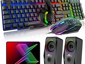 5 in 1 Wired Gaming Keyboard Mouse Headphone and Speaker Combo with Multi RGB Backlight Ergonomic 104 Key Adjustable Mic 2400DPI Mice Large Mousepad Waterproof for PC Mac Gamer Office Typist(Black)
