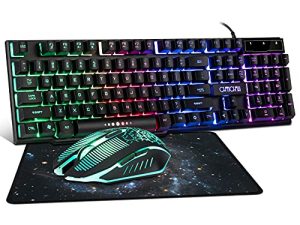 Gaming LED Wired Keyboard and Mouse Combo with Emitting Character 3600DPI 2 Side Button USB Mouse Rainbow Backlit Mechanical Feeling Compatible with PC Raspberry Pi Mac Xbox one ps4 with Mousepad