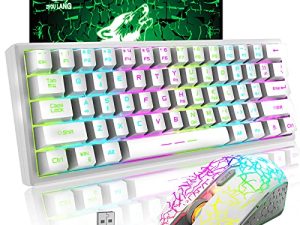 ZIYOU LANG T61 Wireless Gaming Keyboard and Mouse Combo with Ergonomic 61 Key Rainbow LED Backlight Anti-ghosting Mechanical Feel Rechargeable 4000mAh Battery Mouse Pad for PC MAC Gamer Typists(White)